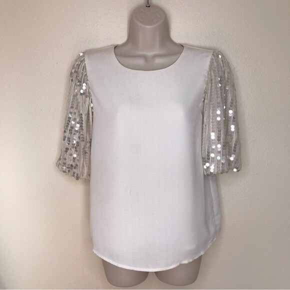 Miami Sequin Puffy Bubble Sleeve Ivory Cream Round Neck Blouse Women's Size XS - Picture 12 of 12